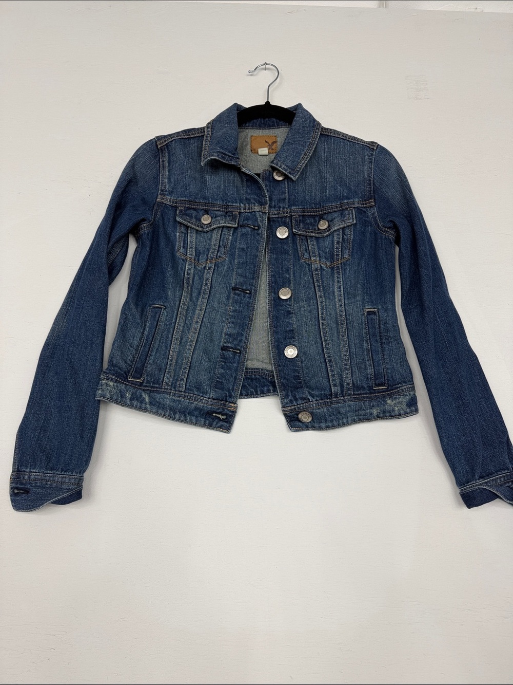 American Eagle Outfitters Indigo Denim Jacket with Tan Leather Patch
